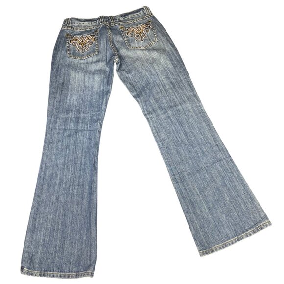 Moon Womens Bootcut Jeans Size L Blue Denim Distressed Pants Light Wash Boho Y2K - Picture 2 of 7